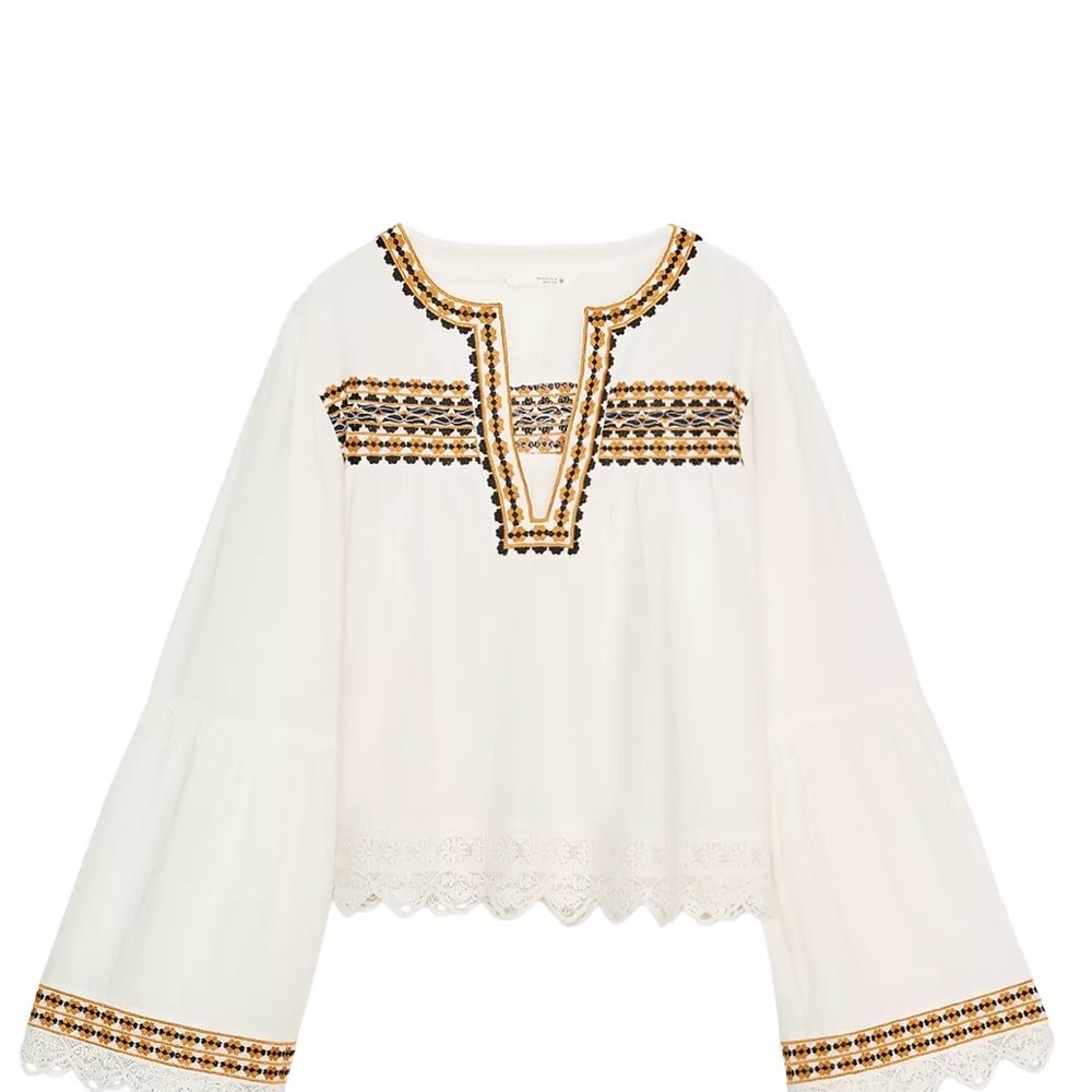 Zara Ivory Top with Black and Tan Embroidered Detailing